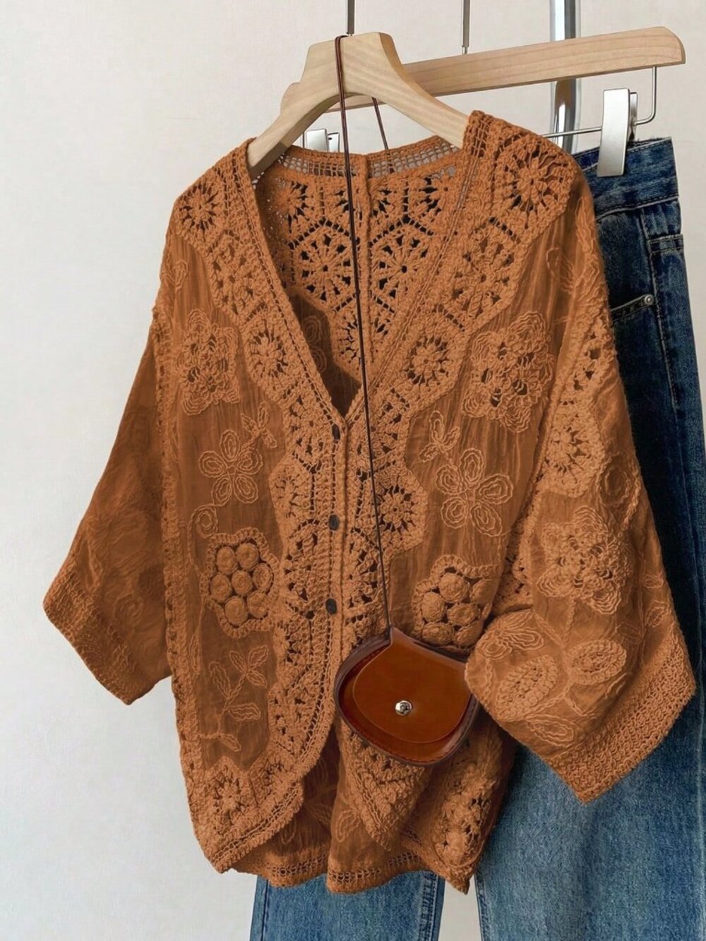 Burnt Orange Casual Women's Loose V-Neck Bishop Sleeve Crochet Knit Shirt
